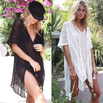 European and American V-collar holiday bikini swimsuit blouse hollow hook flower beach coat loose long pullover Beach Skirt