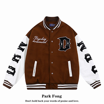 Park Fong American retro leather sleeve stitching baseball uniform men vibe wind high street embroidery tweed couple jacket