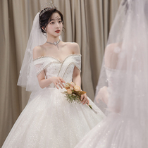 French main wedding dress 2021 new bride temperament word shoulder advanced sense luxury Palace Princess wind light door yarn