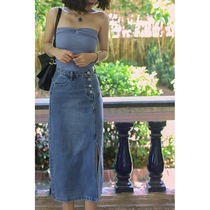 Summer dress divine happiness fish girl homemade retro high waist straight breasted hip skirt mid-length split denim skirt~