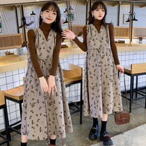 Autumn new maternity wear two-piece floral dress foreign vest skirt pregnancy base shirt set