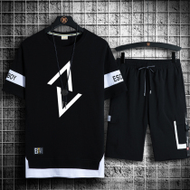 Pure Cotton Short Sleeve T-shirt Men Sports Casual Suit Summer Thin mens set with a handsome pair of ice and ice