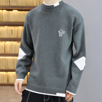 Fake two sweater men autumn and winter thickened trend half high neck knitwear mens thread coat base shirt explosive coat