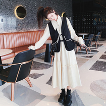 Long sleeve shirt dress set womens autumn 2022 new high-end design sense vest long skirt two-piece set of foreign atmosphere
