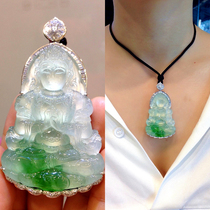 Natural Jade A cargo jade pendant jade pendant Guanyin floating flower full green jade Buddha pendant