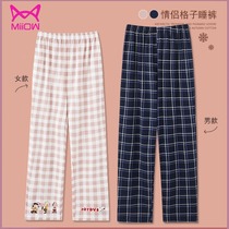 Cat Lovers Sleep Pants Woman Spring Autumn Pure Cotton Long Pants Full Cotton Plaid Cute Home Pants Home Pants Men Big Code Loose