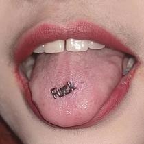 Satans child pulling sister exclusive FUCK letter tongue nail titanium steel hypoallergenic piercing jewelry perforated tongue nail