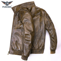 Baseball uniform leather leather leather jacket mens oil wax head layer pure cowhide jacket slim short single leather soft coat autumn and winter tide