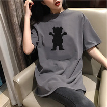 Smoke gray short-sleeved t-shirt women loose Han fan Yangqi 2021 new medium-long round-neck pure cotton literary and artistic bear t-shirt