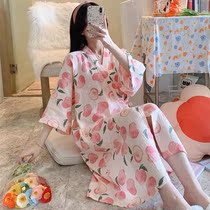 Summer thin cotton gauze nightgown bathrobe gown women short sleeves plus size pregnant women Japanese kimono lace pajamas