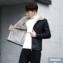 Fur one male coat of leather lamb plus thicken tip jacket for short locomotive coat for men