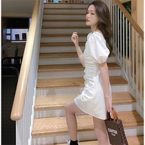 Dress 2021 new womens summer waist white bubble sleeves square collar pleated drawstring skirt ins super fairy thin