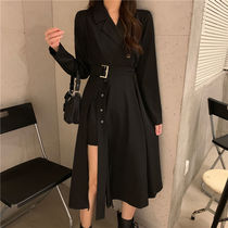 Spring and Autumn 2021 new black suit collar design sense niche long skirt waist thin temperament dress goddess