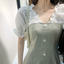 French vintage Platycodon grandiflorum first love skirt Mori Super fairy sweet hipster gentle style V collar dress