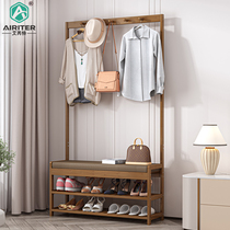 Shoe rack clothes hat rack integrated bedroom hanging clothes rack Easy clothes rack Home door solid wood containing changing shoes stool