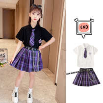Dark black jk uniform skirt Girls genuine summer childrens short-sleeved primary school lattice skirt College style pleated skirt suit