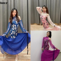 Miu dance 070 Latin dance girl color print lantern sleeve one-piece Top same color skirt