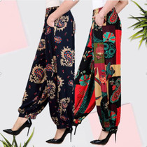 Spring and summer new womens pants national style square dance bloomers large size cotton silk casual pants mom high waist pants tide