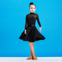 Girls Latin dance competition suit Sikaso black red autumn winter long sleeve high collar practice grade dress