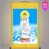 HD Guanyin Bodhisattva portrait white dress Yang Zhi Guanyin silk painting scroll hanging painting Buddha Hall study decoration painting