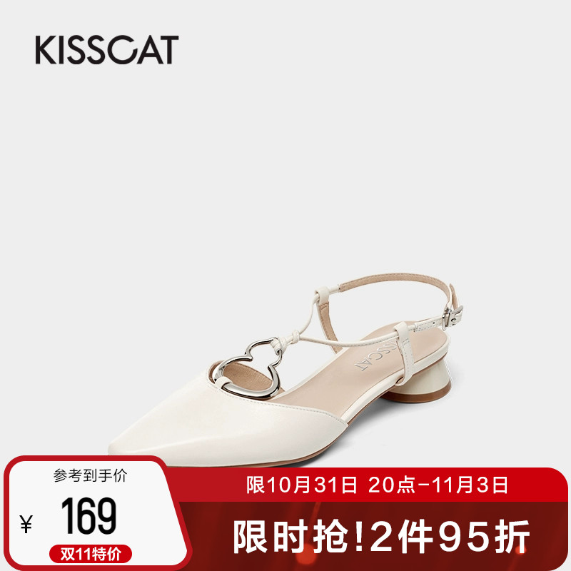 接吻猫新款包头尖头原创低跟平底鞋后空凉鞋女KA21315-11