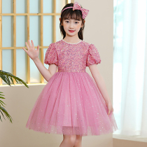 Girl Princess Pungbo Small sleeve dress Flower Childrens Wedding Childrens Dressing Small Girl Girl Summer