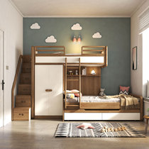 Multifunctional parallel bunk bed small apartment childrens bed solid wood high and low bed with wardrobe up and down bed Nordic minimalist