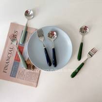 Lamb homemade) ins simple retro thick handle Morandi color minimalist niche fork spoon Western tableware gentle