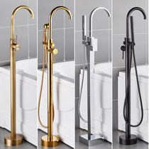 All-copper antique hot and cold floor-standing bathtub faucet cylinder side vertical independent wooden barrel column basin wall connected shower shower