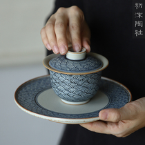 Chu Mo Pottery Society handmade three-cai Gaiwan Underglaze blue and White coarse pottery Gaiwan Xiangyun Pot Tea Cup Kung Fu tea set