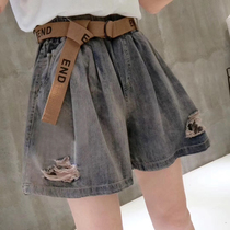  South Korea 2021 summer new perforated denim shorts womens loose wide legs high waist thin a-line hot pants trend