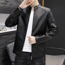 Spring and autumn 2021 Mens stand collar jacket leather clothing Korean version of slim pu jacket trend handsome youth coat