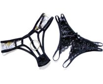 Couple thong mens and womens T-pants sexy low waist transparent lace openwork slit Ultra-thin couple panties QL-164