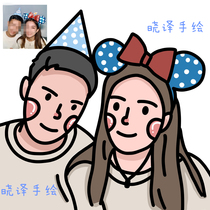 Q version of Cartoon hand-painted head Cartoon Cartoon design couple real-life photo turn stick figure painting custom gift