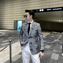 (DAIO ETHAN)Original design British sportsman flat barge collar plaid suit jacket Korean temperament suit