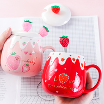 ins Cute ceramic cup with lid spoon coffee breakfast cup girl heart strawberry mug couple household water Cup