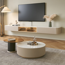 Suspended wall-mounted rock plate TV cabinet tea table combined laser projection light and luxurious modern minimalist solid wood baking varnish storage