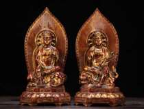Folk collection of old pure copper mud and gold Manjushri Samantabhadra Buddha statue a pair of ornaments height 35 cm width 18 cm