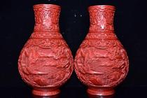 Folk Collection Old Beijing Lacquer Ware Vase Old Stash of red lacquered ware Landscape Scenery vase at the hem of a pair