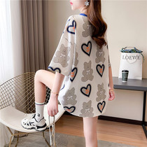 2022 Summer new gestational woman in Korean version with long section of round collar female slim fit short sleeve T-shirt jacket butt loose T