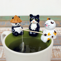 Wood carving cat tea bag hanging fishing panda tea filter hanging creative hand-painted cup edge Cup hanging