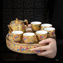 New Chinese court enamel ceramic kung fu tea set set Gold teapot tea cup tea tray gift box whole set of gifts