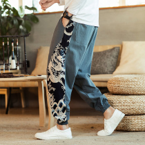 Casual pants men 2019 spring new fashion trend China Wind Dragon stitching cotton linen pants mens trousers