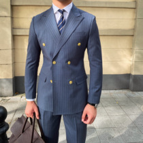 Mr. Lusan homemade autumn and winter business workplace stripe double-breasted suit suit suit suit British wool slim suit man