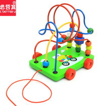 Large number of young children string beads around the Pearl for 12-18 months Baby developed puzzle force 1-2-3-year-old wooden trailer toy