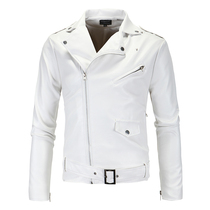 White lapel side zipper personality teen motorcycle leather jacket short high size leather jacket for men