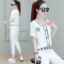 Hong Kong sports suit womens 2021 summer new fashion casual clothes Western style short-sleeved cotton hemp ice silk two-piece set