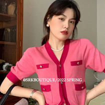 SRK method vintage spring style retro-knitted sweatshirt woman summer 2022 new 50% sleeves hit color V collar small sweatshirt blouse