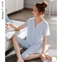 Woven cotton yarn cloth pajamas Womens summer short-sleeved cotton home clothes Summer cotton thin section mom large size suit