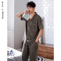 Woven cotton gauze pajamas mens summer cotton short sleeves long pants homewear mens summer thin cotton set